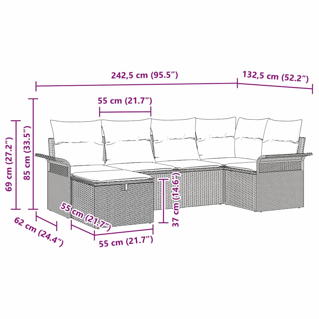 Garten-Sofa-Set 6 pcs Grau 242,5 x 132,5 x 85 cm Poly Rattan