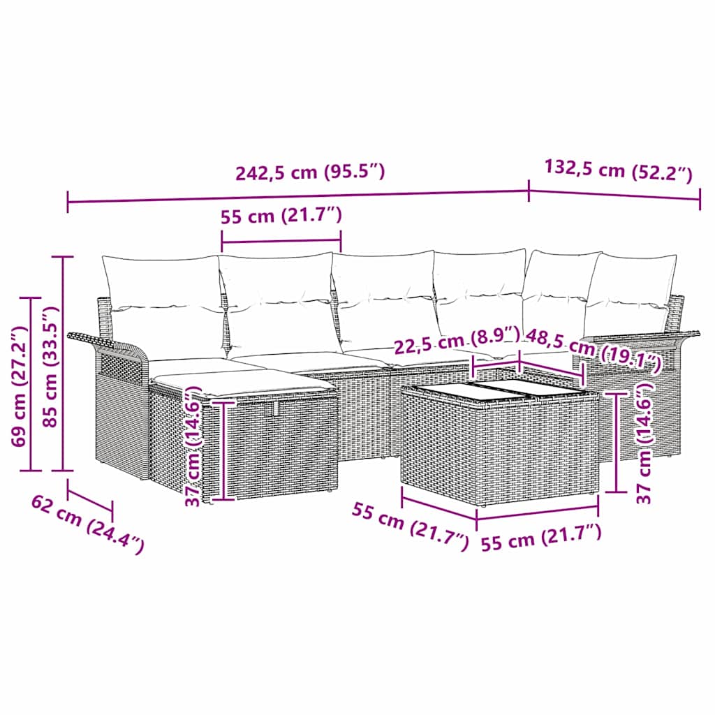 Garten-Sofa-Set 7 pcs Grau 242,5 x 132,5 x 85 cm Poly Rattan