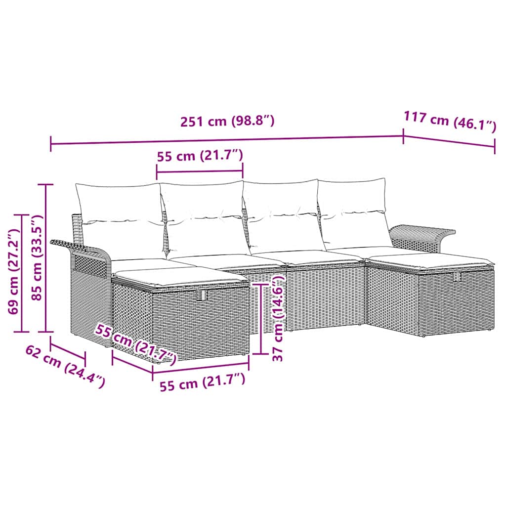 Garten-Sofa-Set 6 pcs Grau 251 x 117 x 85 cm Poly Rattan