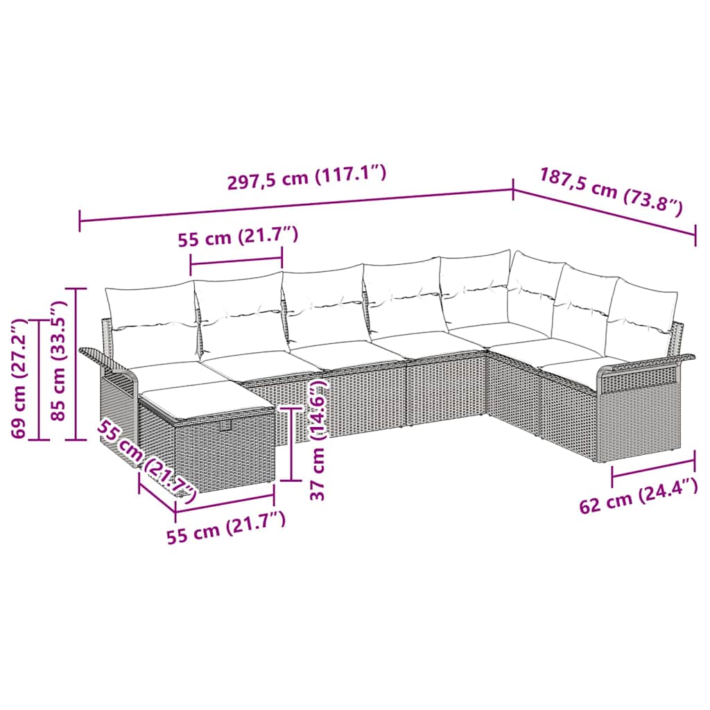Garten-Sofa-Set 8 pcs Schwarz und Creme 297,5 x 187,5 x 85 cm