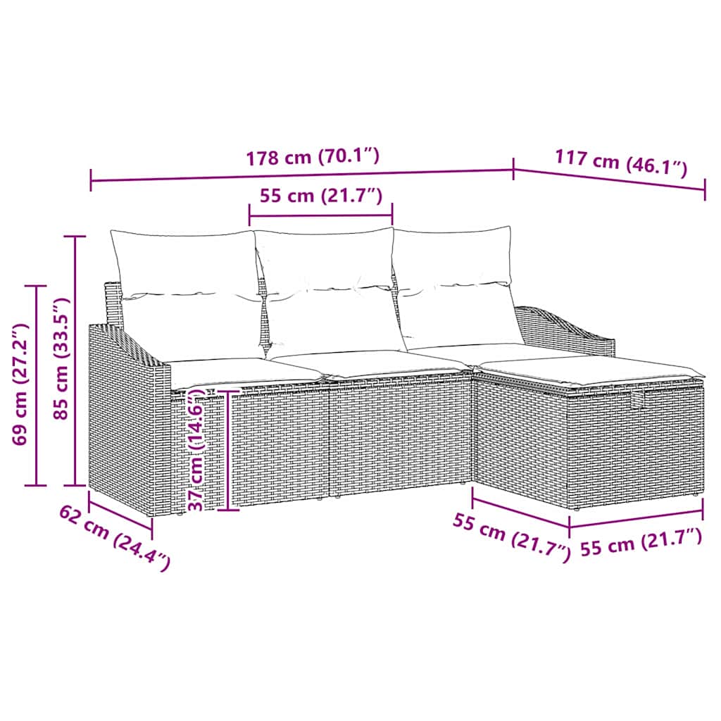 Garten-Sofa-Set mit Kissen 4 pcs Grau Poly Rattan