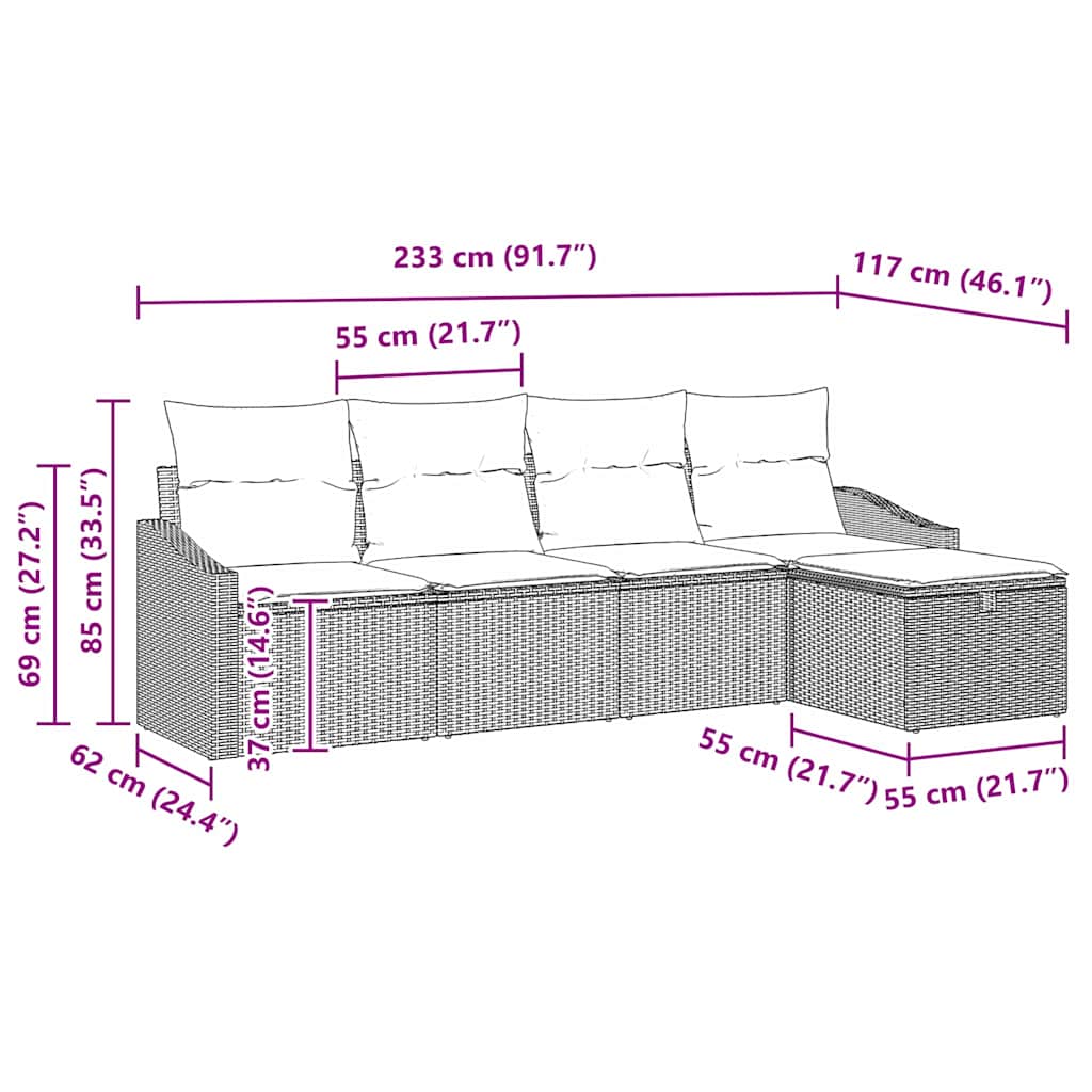 Garten-Sofa-Set mit Kissen 5 pcs Grau Poly Rattan
