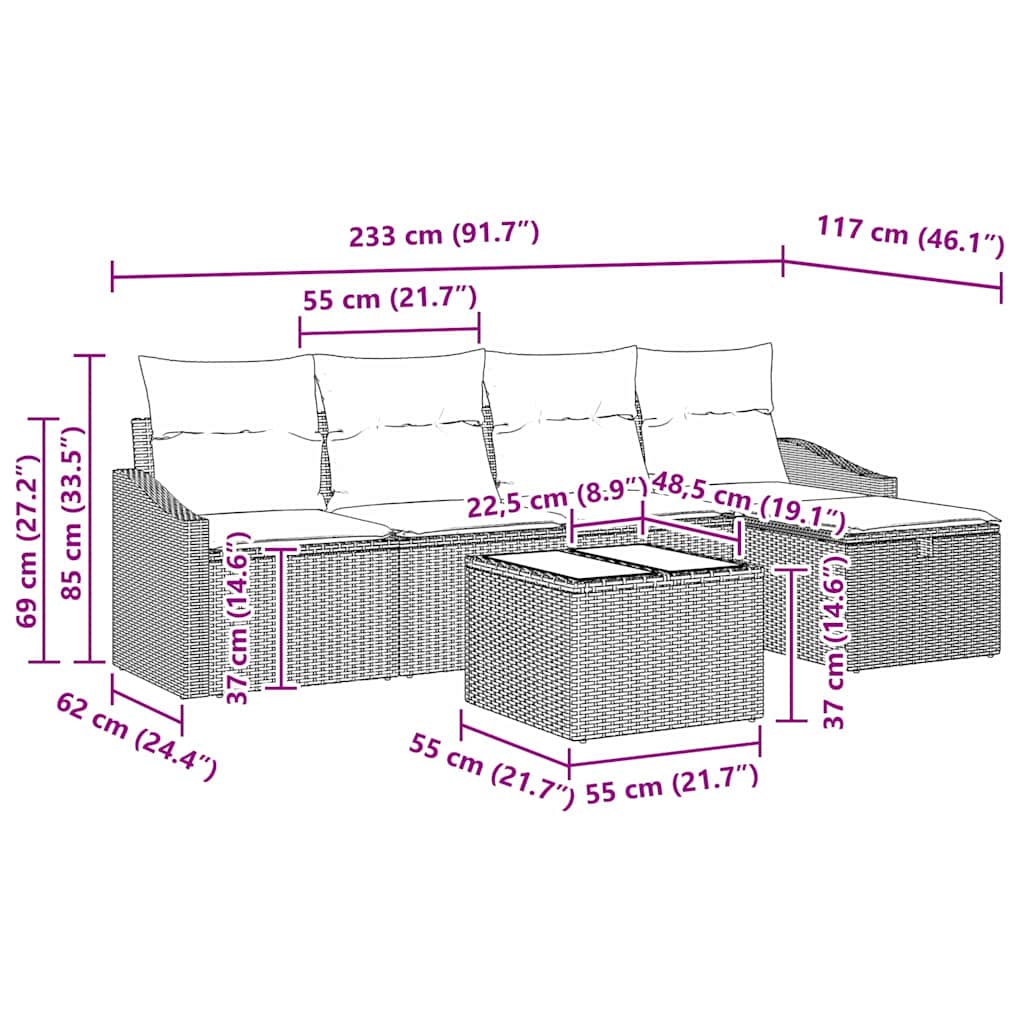 Garten-Sofa-Set mit Kissen 6 pcs Grau Poly Rattan