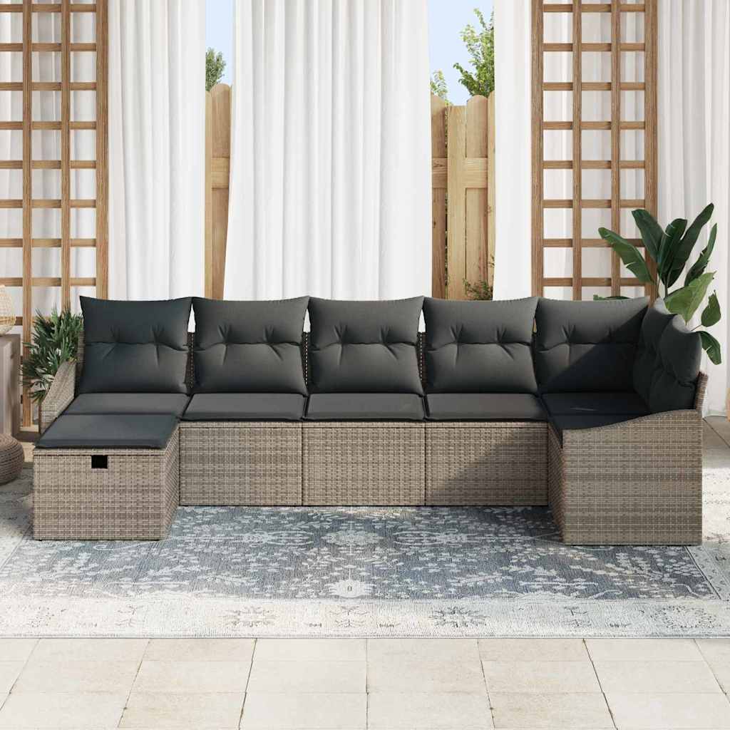 Garten-Sofa-Set mit Kissen 7 pcs Grau Poly Rattan