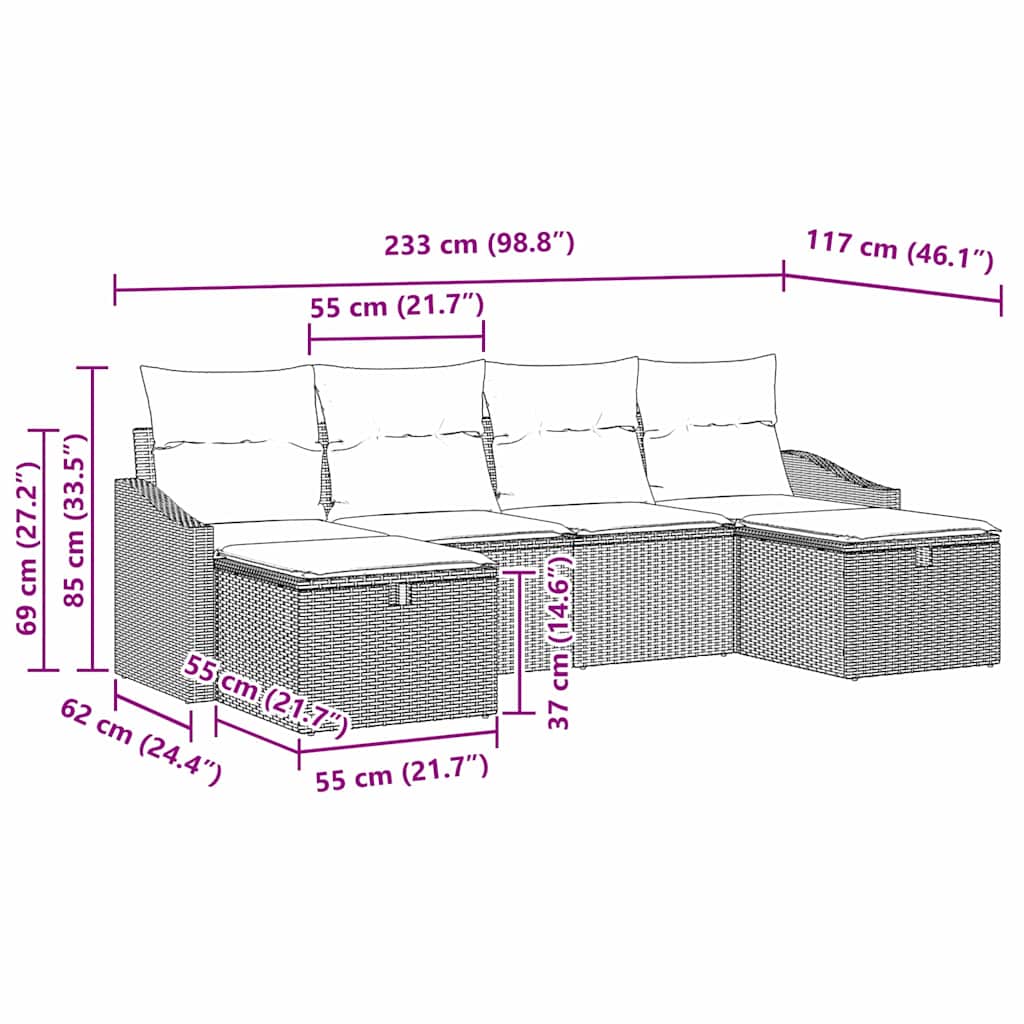 Garten-Sofa-Set mit Kissen 6 pcs Grau Poly Rattan