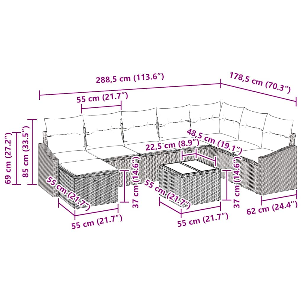 Garten-Sofa-Set mit Kissen 9 pcs Grau Poly Rattan