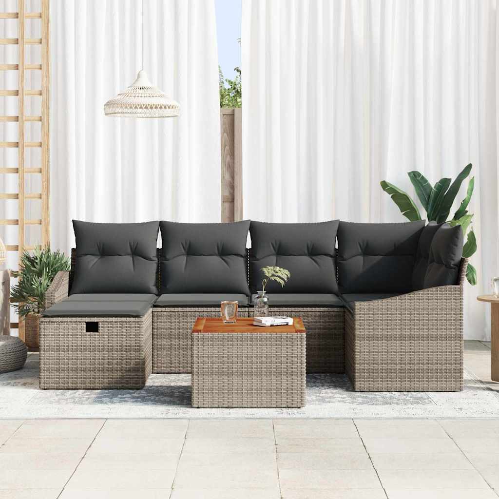 Garten-Sofa-Set mit Kissen mit Speicher 7 pcs Grau Poly Rattan