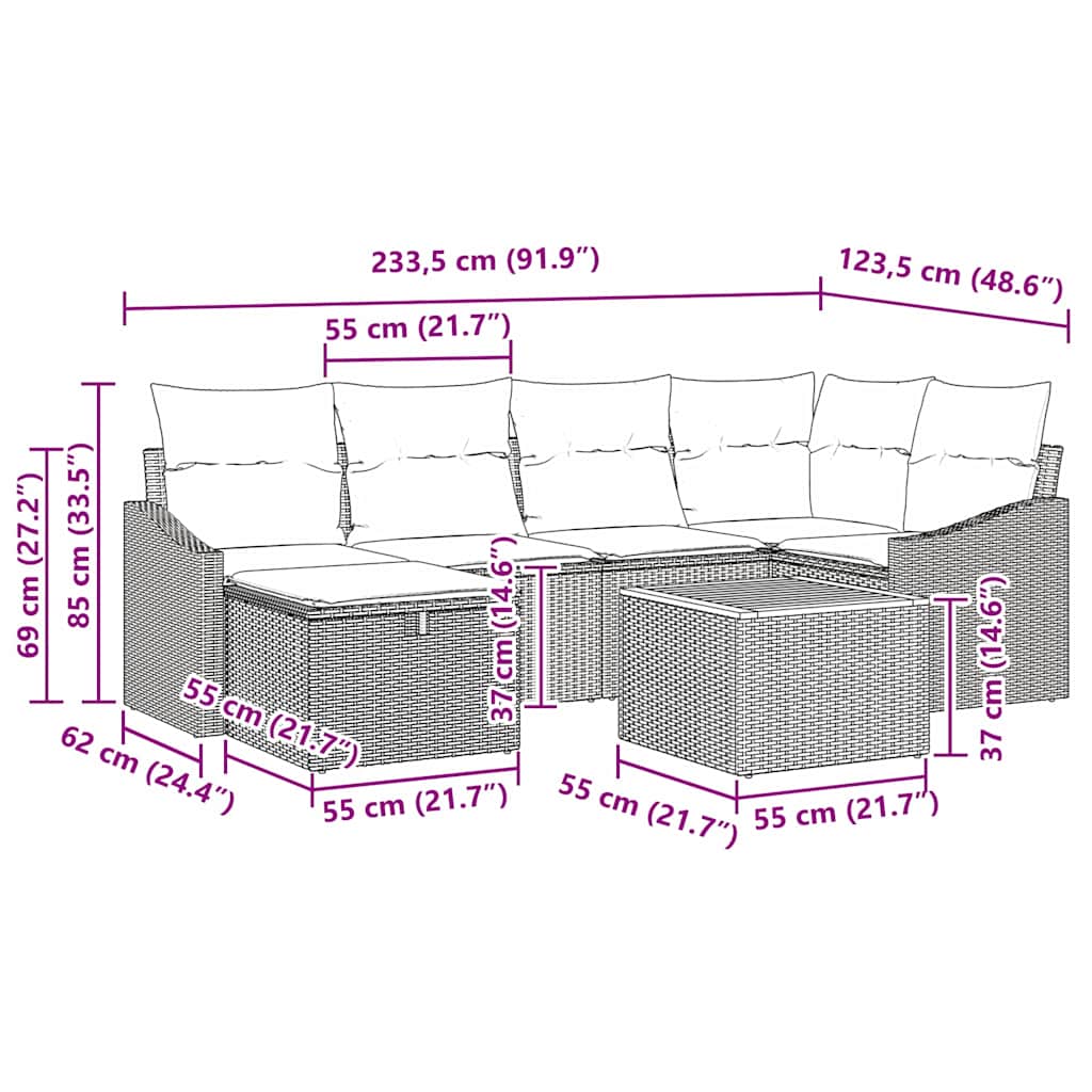 Garten-Sofa-Set mit Kissen mit Speicher 7 pcs Grau Poly Rattan