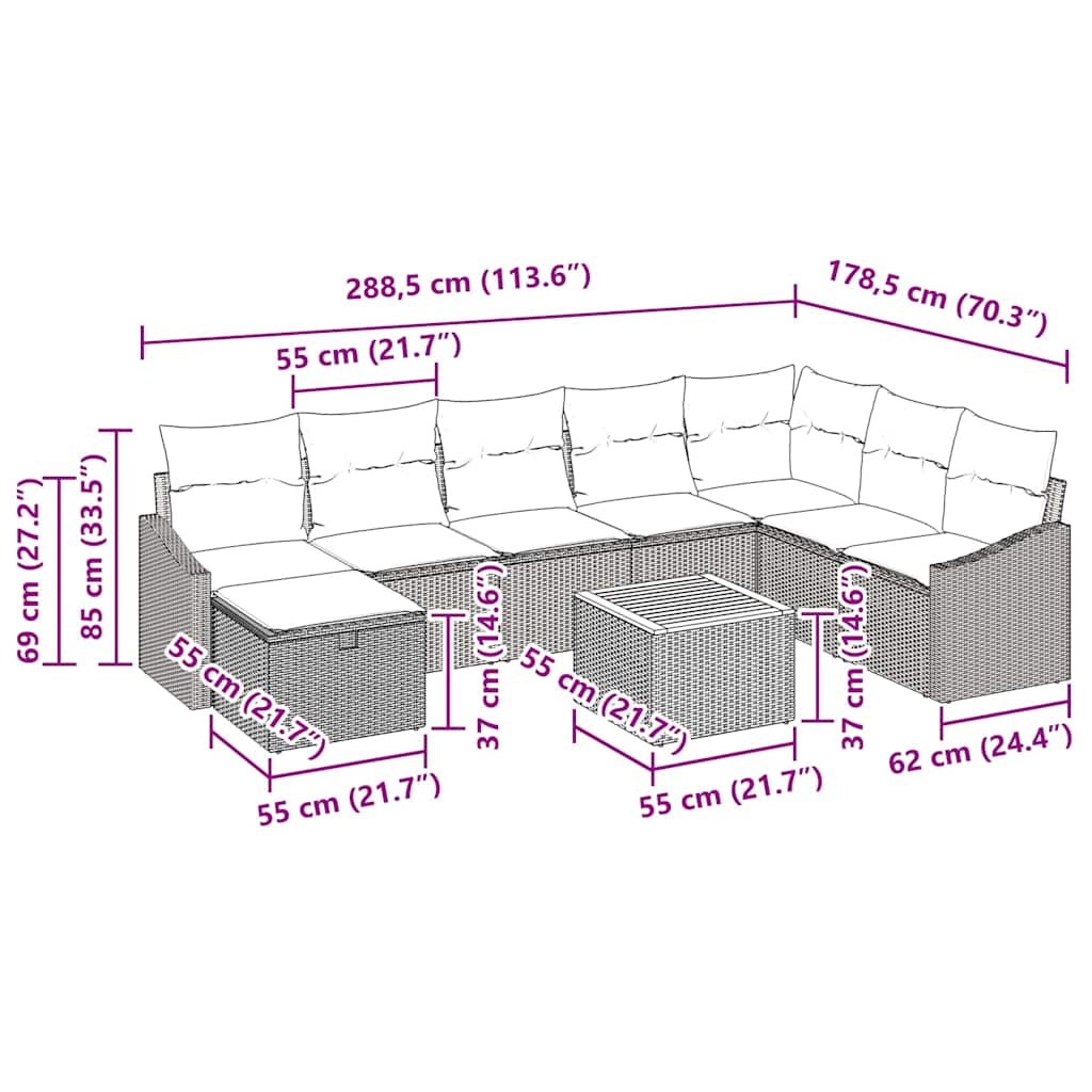 9-piece garden sofa set with cushions grey poly rattan
