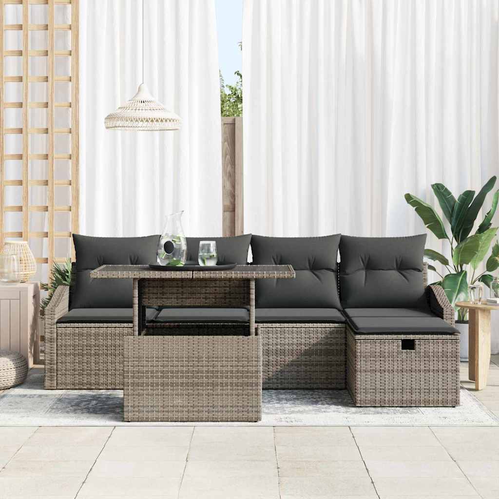 Garten-Sofa-Set mit Kissen mit Speicher 6 pcs Grau Poly Rattan