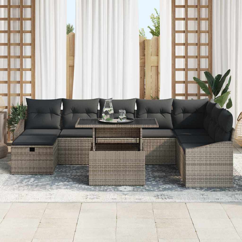 Garten-Sofa-Set mit Kissen mit Speicher 9 pcs Grau Poly Rattan