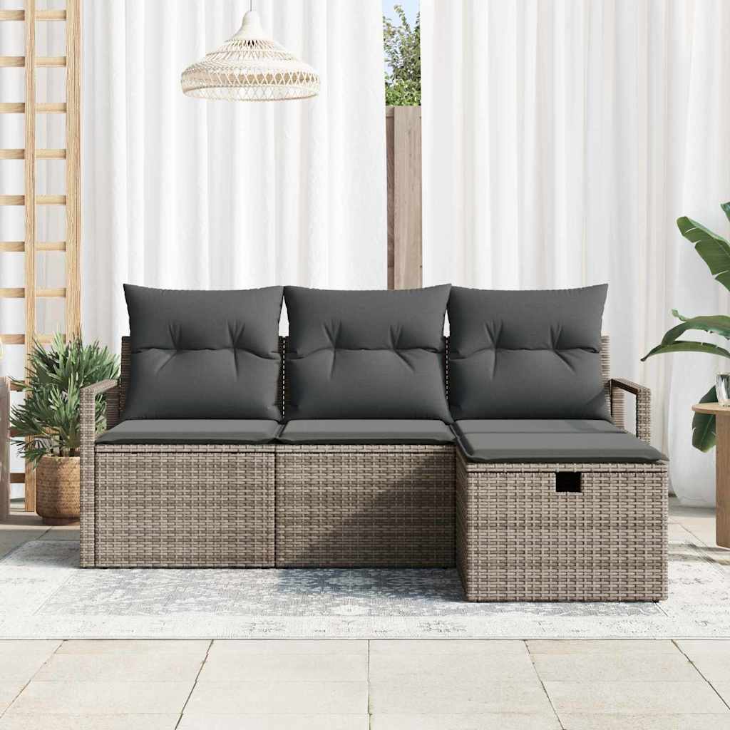 Garten-Sofa-Set mit Kissen mit Speicher 4 pcs Grau Poly Rattan