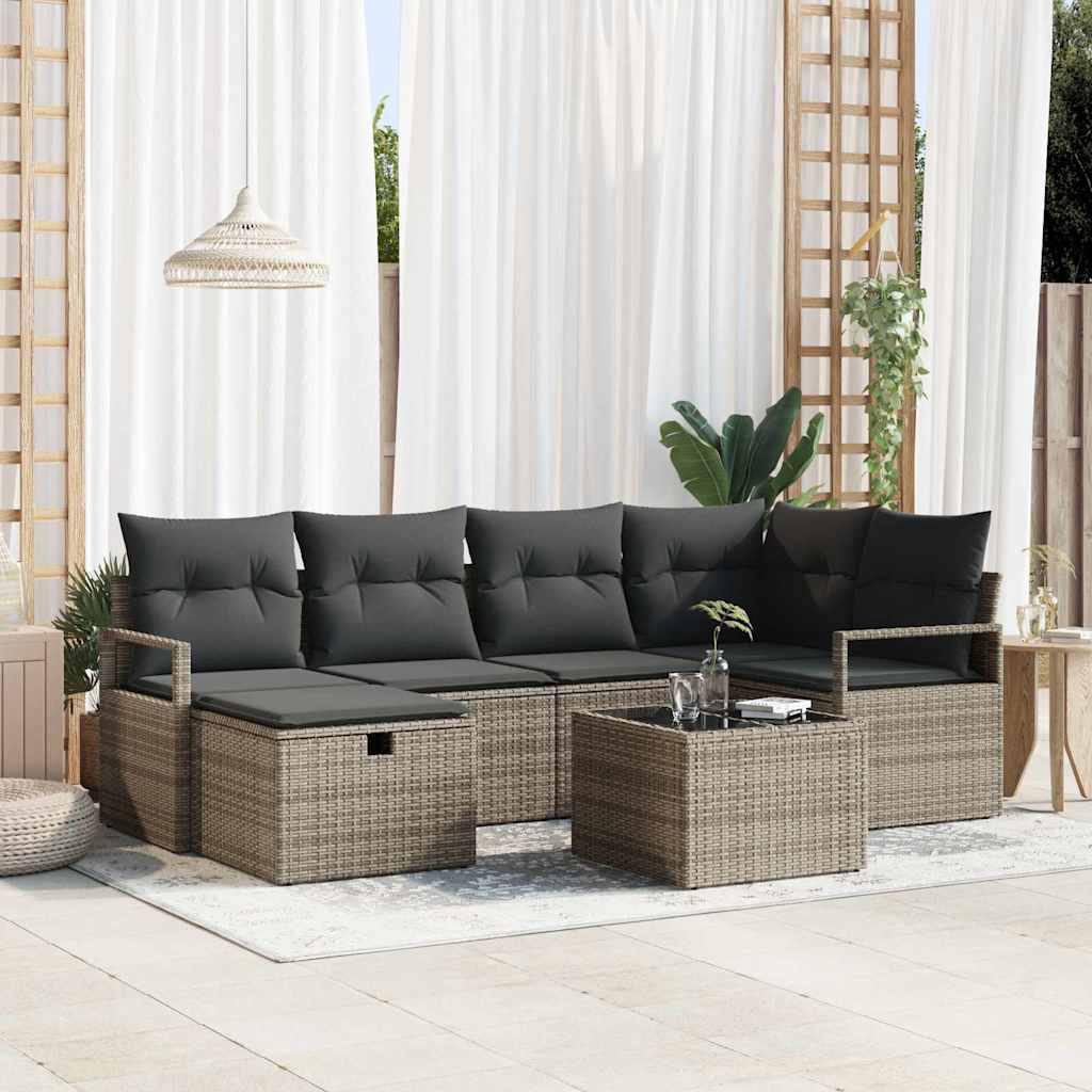 Garten-Sofa-Set mit Kissen mit Speicher 7 pcs Grau Poly Rattan