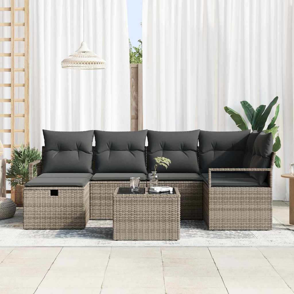 Garten-Sofa-Set mit Kissen mit Speicher 7 pcs Grau Poly Rattan