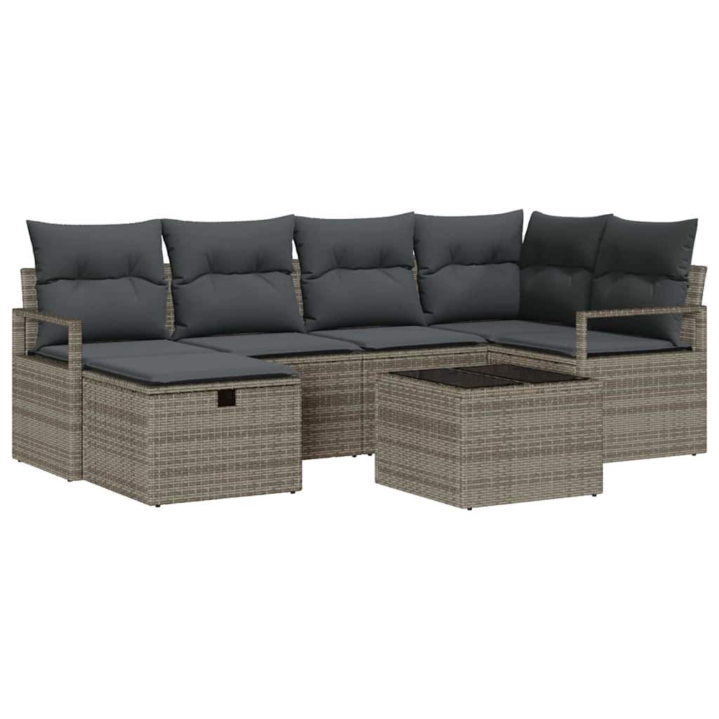 Garten-Sofa-Set mit Kissen mit Speicher 7 pcs Grau Poly Rattan