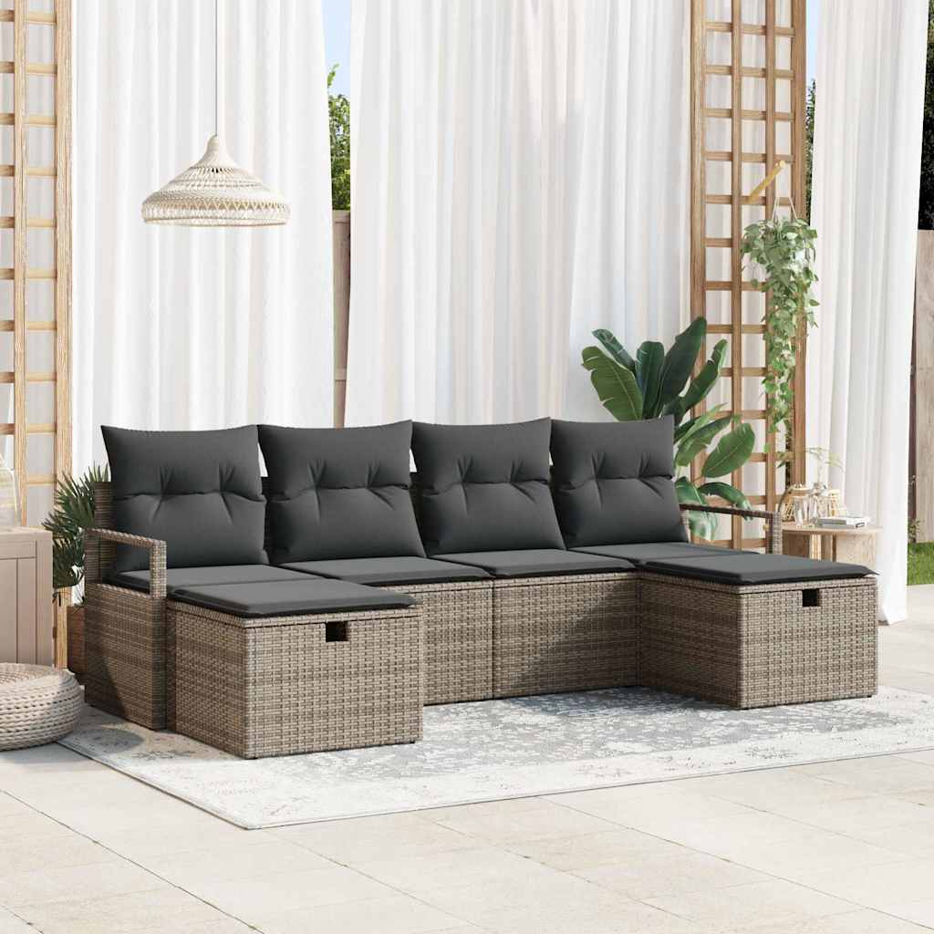 Garten-Sofa-Set mit Kissen mit Speicher 6 pcs Grau Poly Rattan