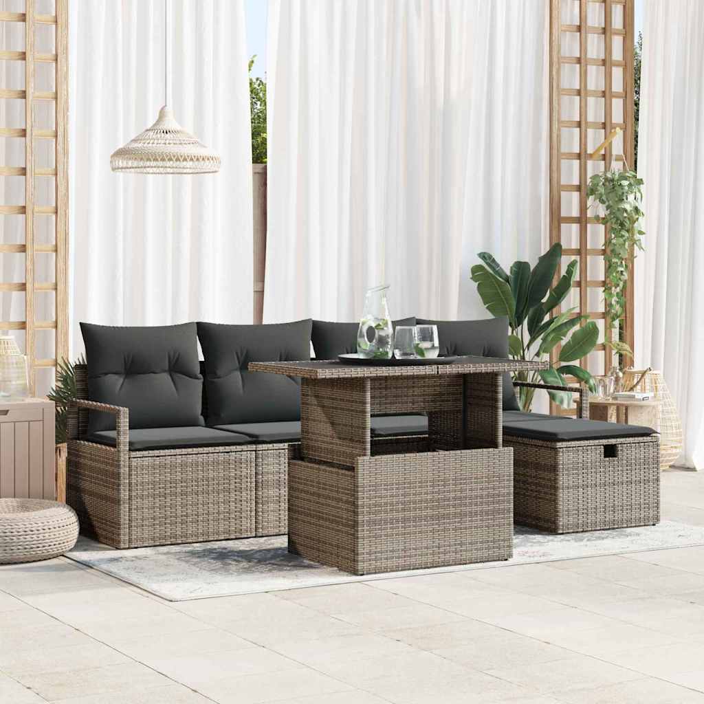 Garten-Sofa-Set mit Kissen mit Speicher 6 pcs Grau Poly Rattan