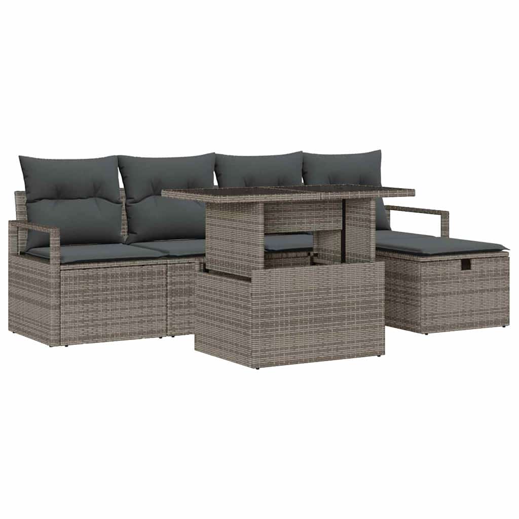 Garten-Sofa-Set mit Kissen mit Speicher 6 pcs Grau Poly Rattan