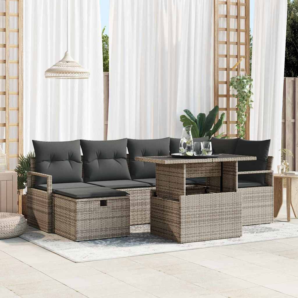 Garten-Sofa-Set mit Kissen mit Speicher 7 pcs Grau Poly Rattan