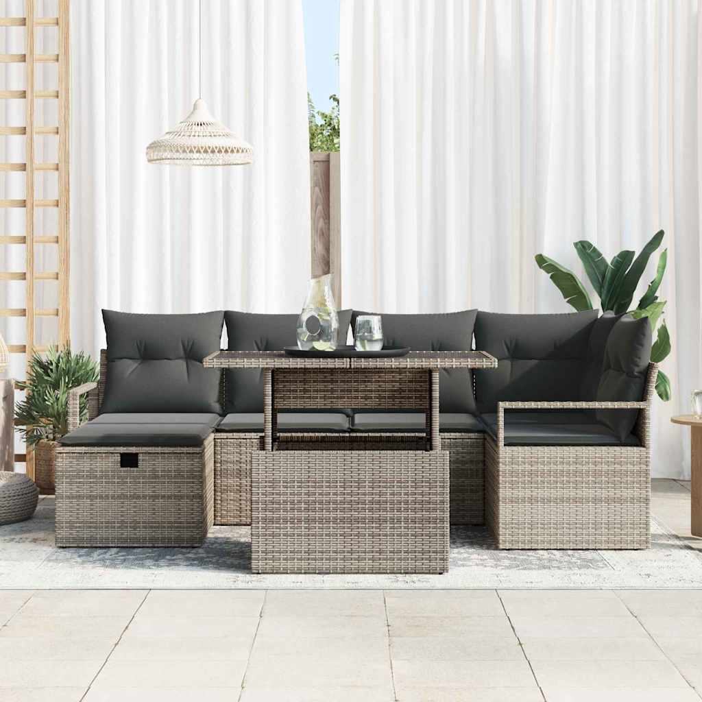 Garten-Sofa-Set mit Kissen mit Speicher 7 pcs Grau Poly Rattan