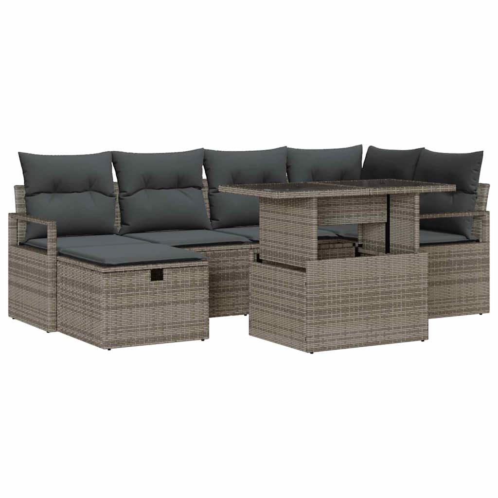 Garten-Sofa-Set mit Kissen mit Speicher 7 pcs Grau Poly Rattan