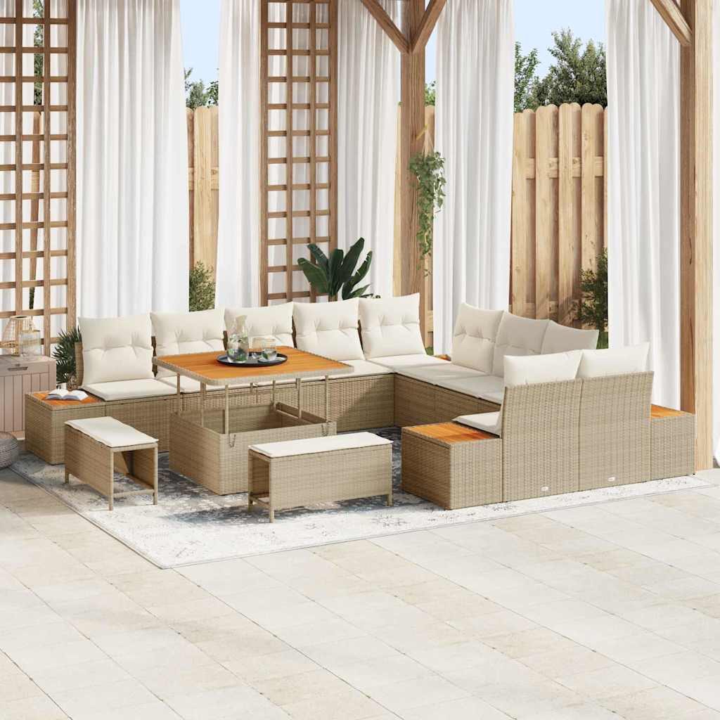 Garten-Sofa-Set mit Kissen 13 pcs Beige Poly Rattan