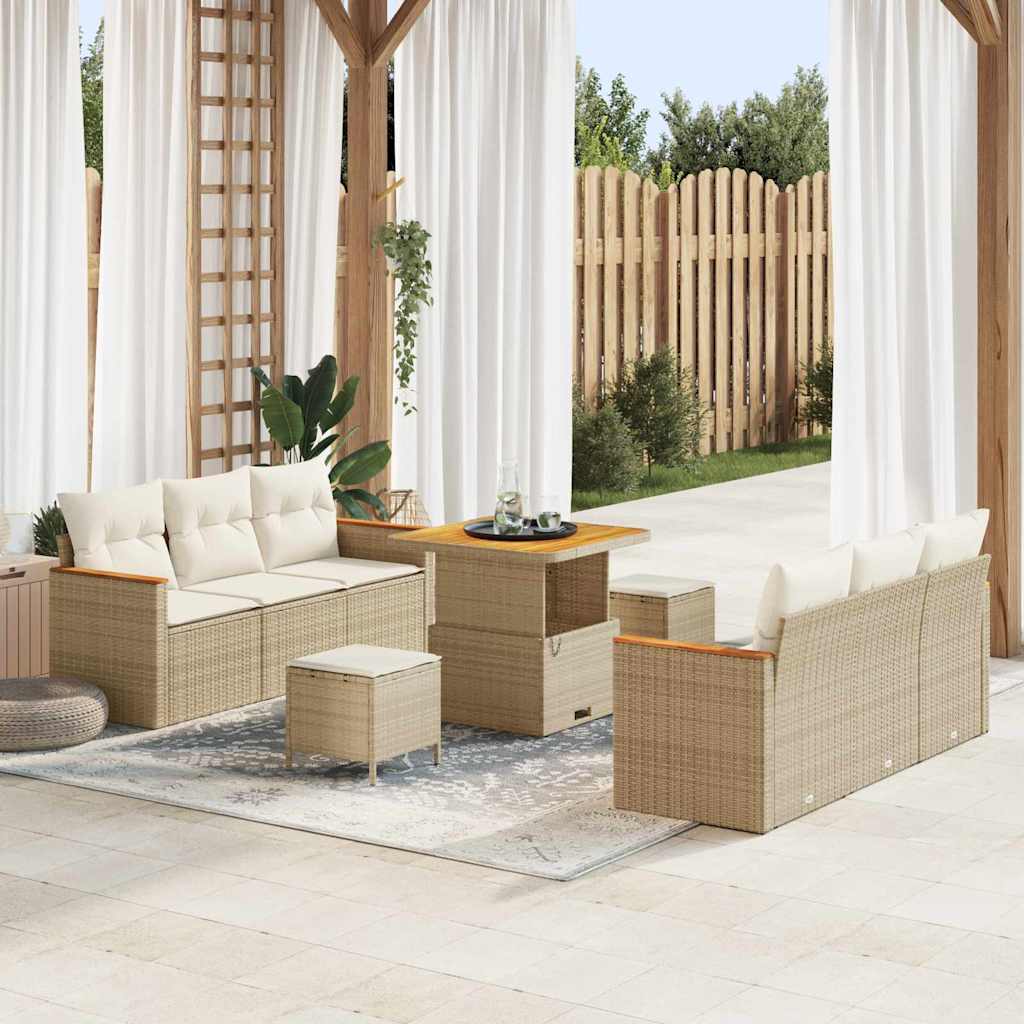 Garten-Sofa-Set mit Kissen mit Speicher 9 pcs Beige Poly Rattan