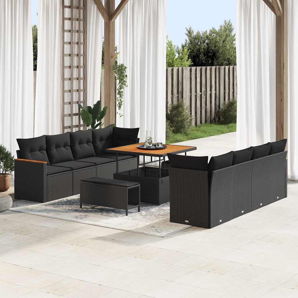 Garten-Sofa-Set mit Kissen 11 pcs Schwarz Poly Rattan