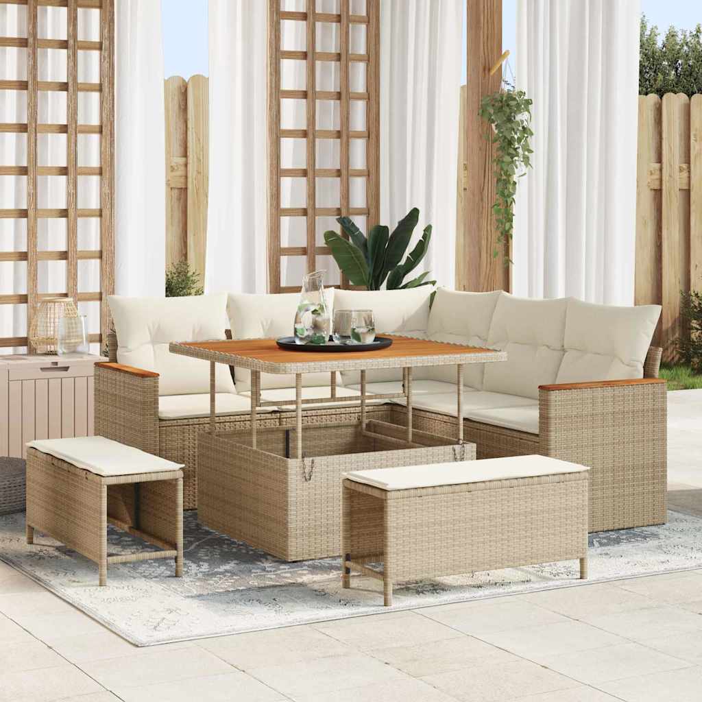 Garten-Sofa-Set mit Kissen mit Speicher 8 pcs Beige Poly Rattan