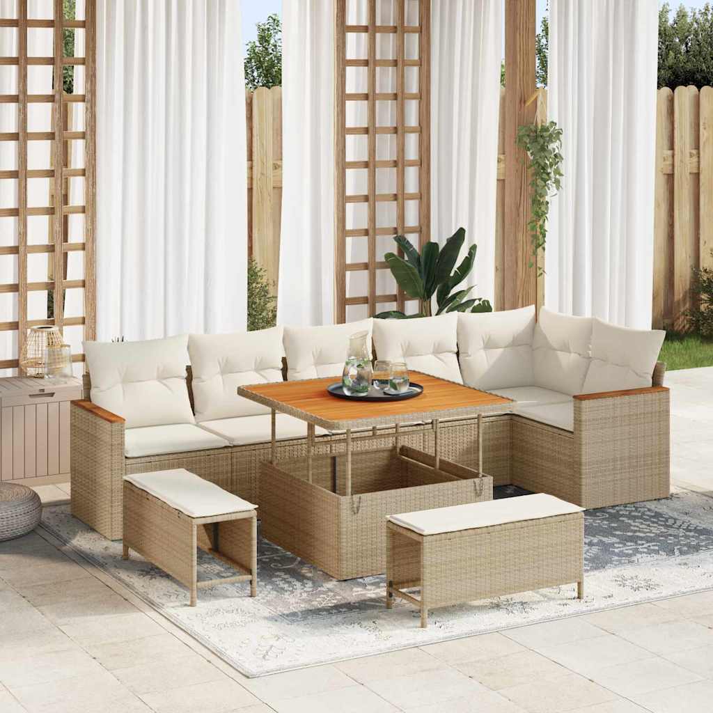 Garten-Sofa-Set mit Kissen mit Speicher 9 pcs Beige Poly Rattan