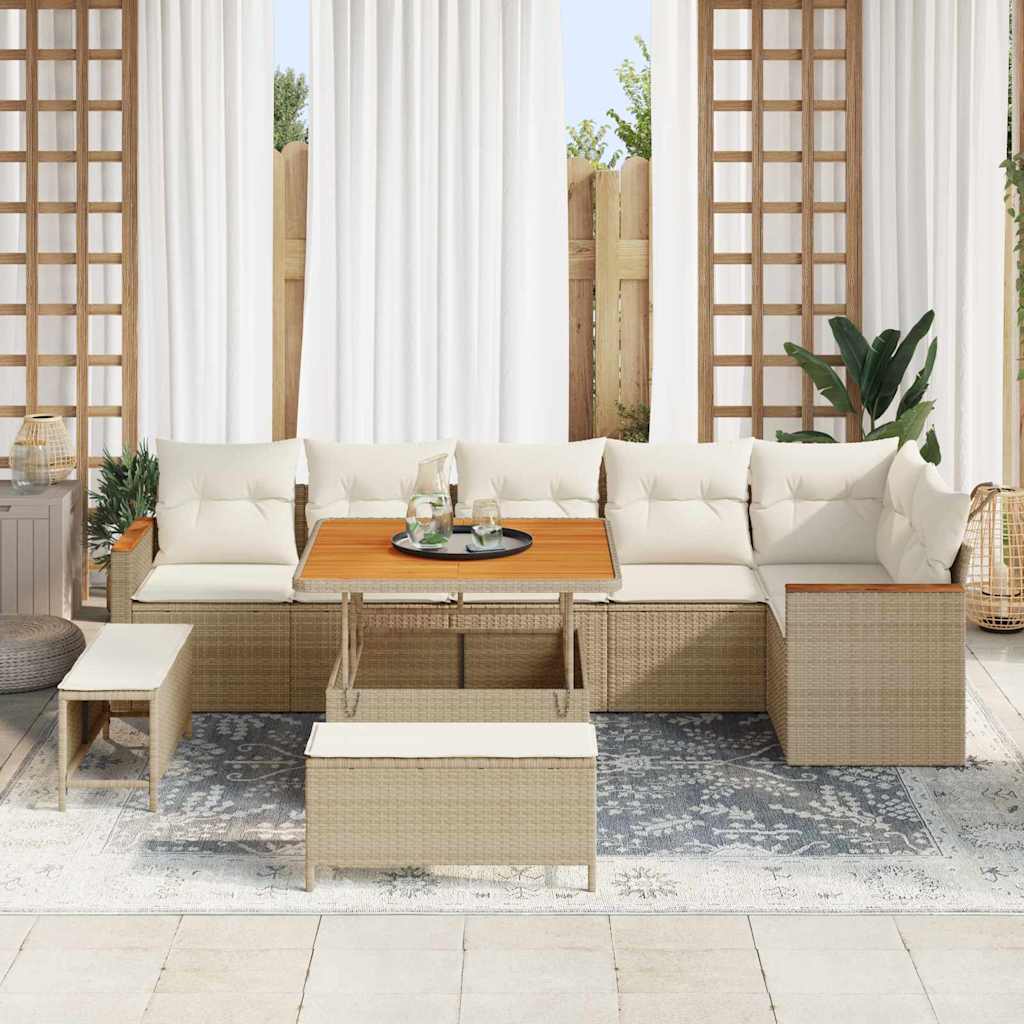 Garten-Sofa-Set mit Kissen mit Speicher 9 pcs Beige Poly Rattan