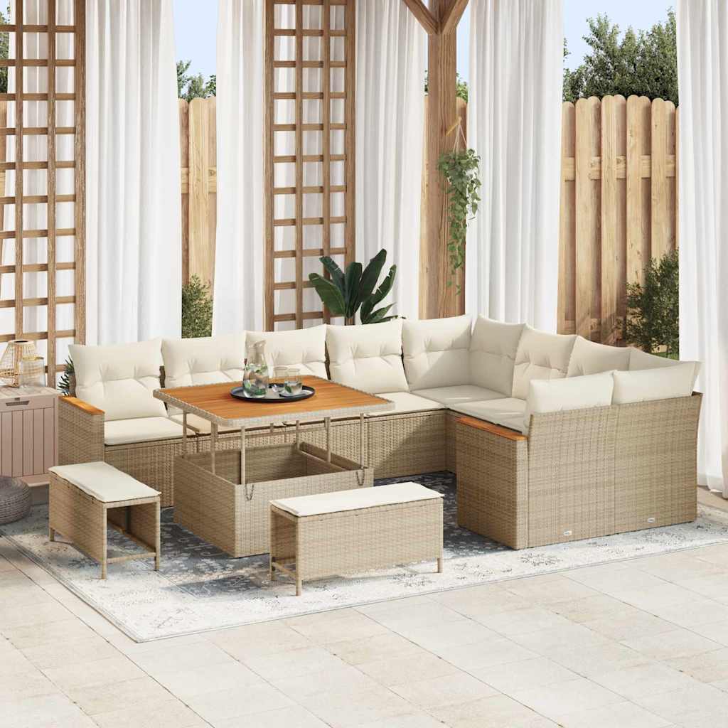 Garten-Sofa-Set mit Kissen 12 pcs Beige Poly Rattan