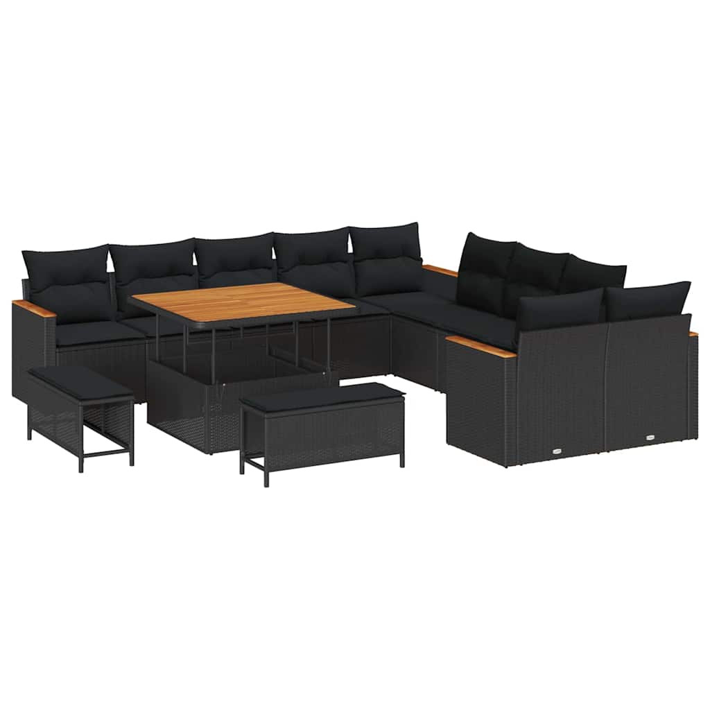 Garten-Sofa-Set mit Kissen 13 pcs Schwarz Poly Rattan
