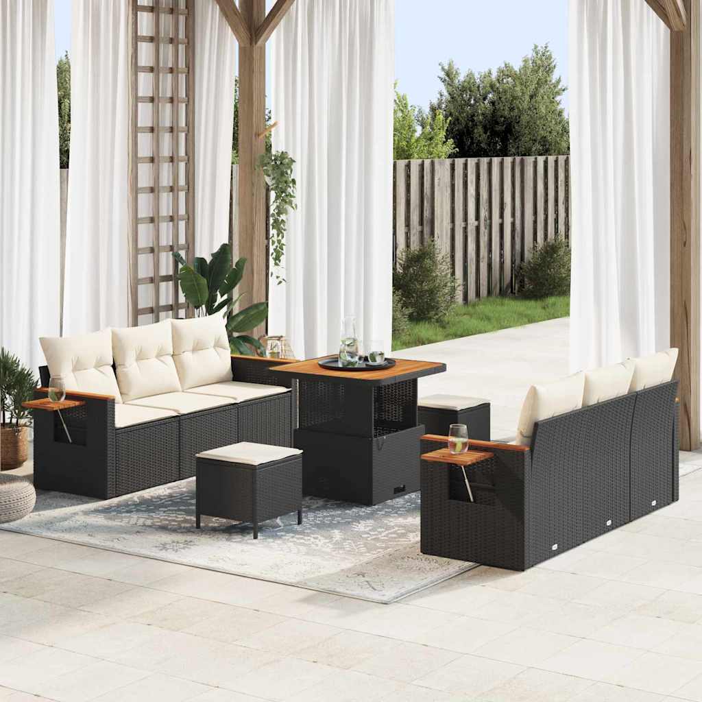 Garten-Sofa-Set mit Kissen 9 pcs Schwarz Poly Rattan