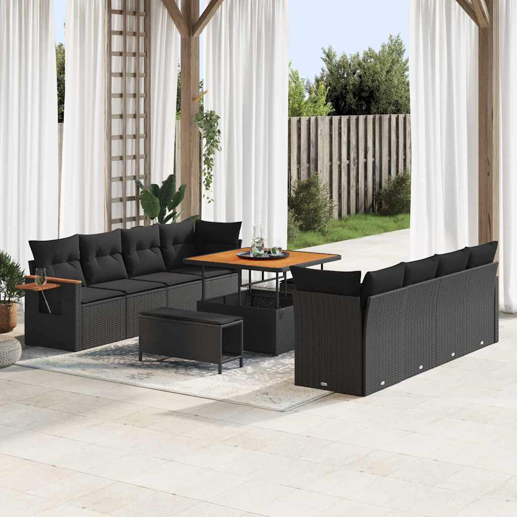 Garten-Sofa-Set mit Kissen 11 pcs Schwarz Poly Rattan