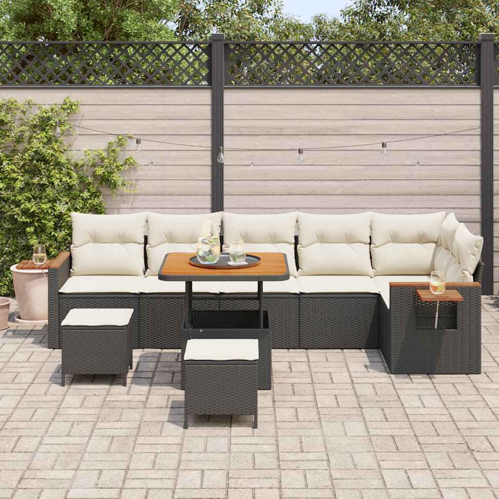 Garten-Sofa-Set mit Kissen 9 pcs Schwarz Poly Rattan