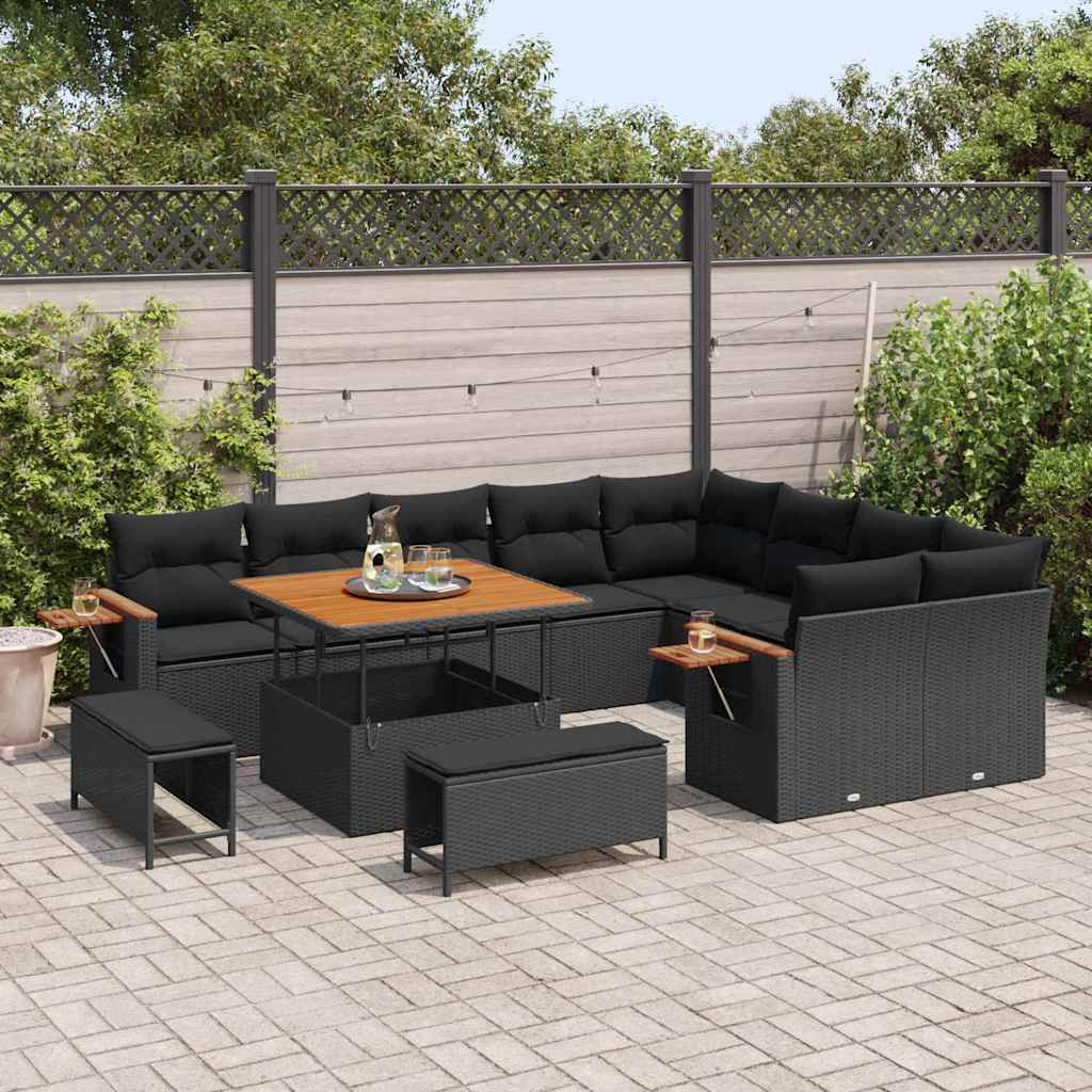 Garten-Sofa-Set mit Kissen 12 pcs Schwarz Poly Rattan