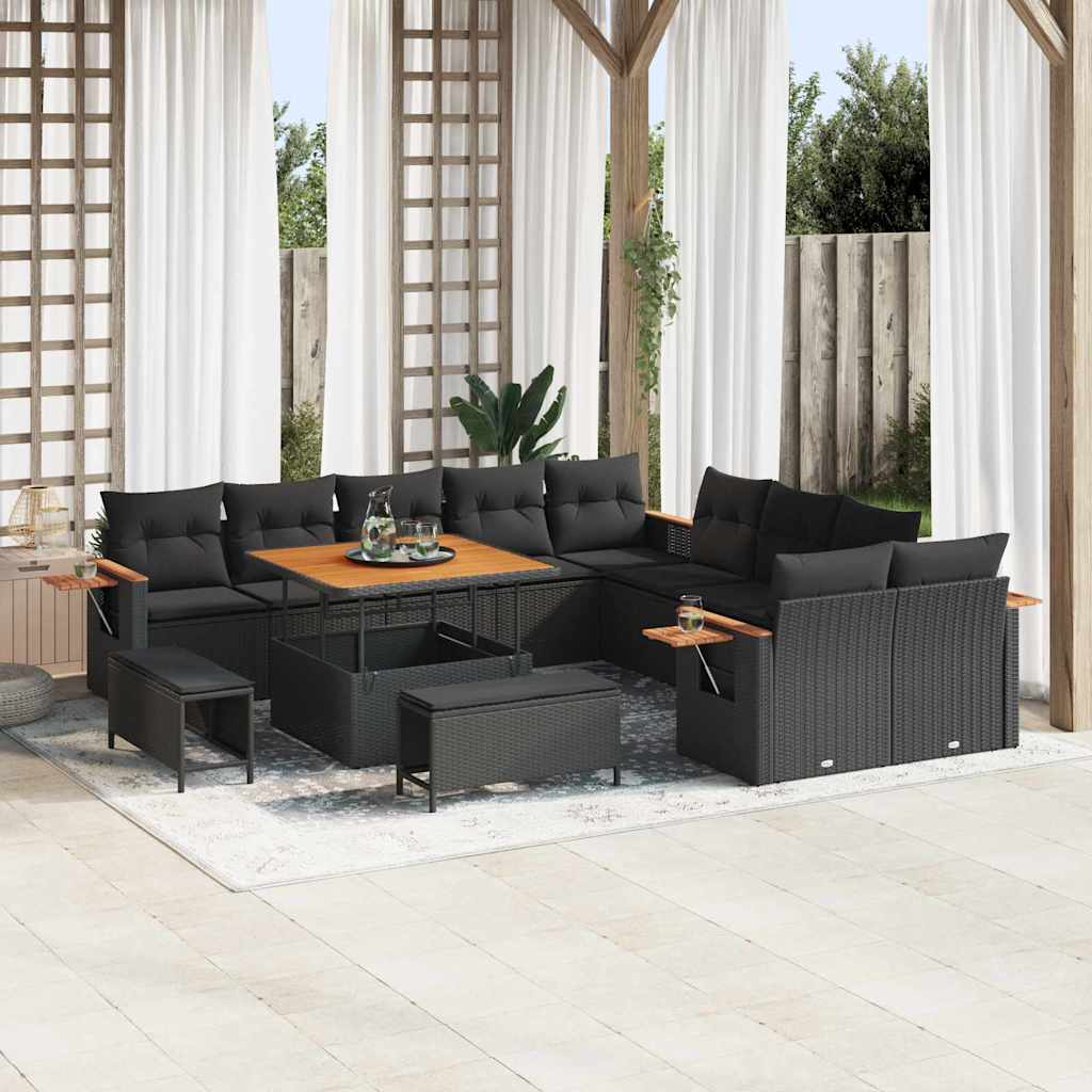 Garten-Sofa-Set mit Kissen 13 pcs Schwarz Poly Rattan
