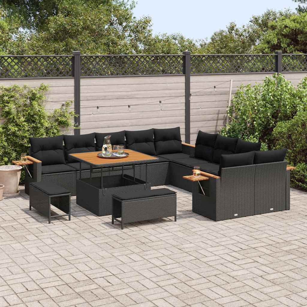 Garten-Sofa-Set mit Kissen 13 pcs Schwarz Poly Rattan