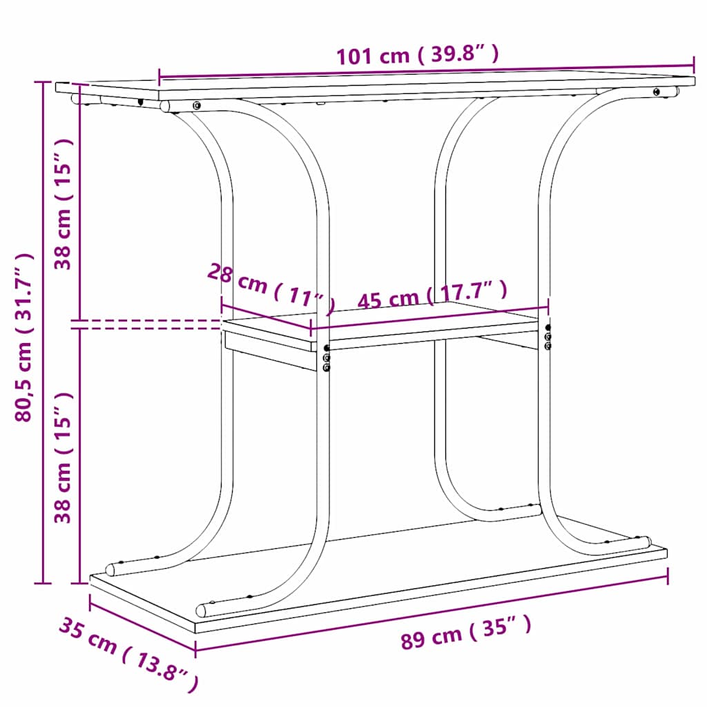 Konsolentisch mit Regal Eiche handwerklich 101 x 35 x 80,5 cm