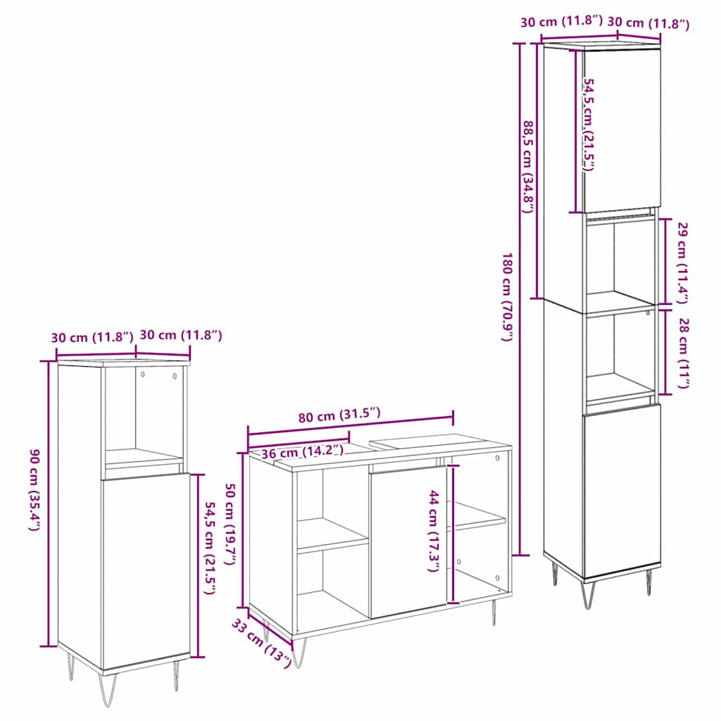 Badezimmer Möbel Set 3 pcs Schwarze Eiche 30 x 30 x 180 cm