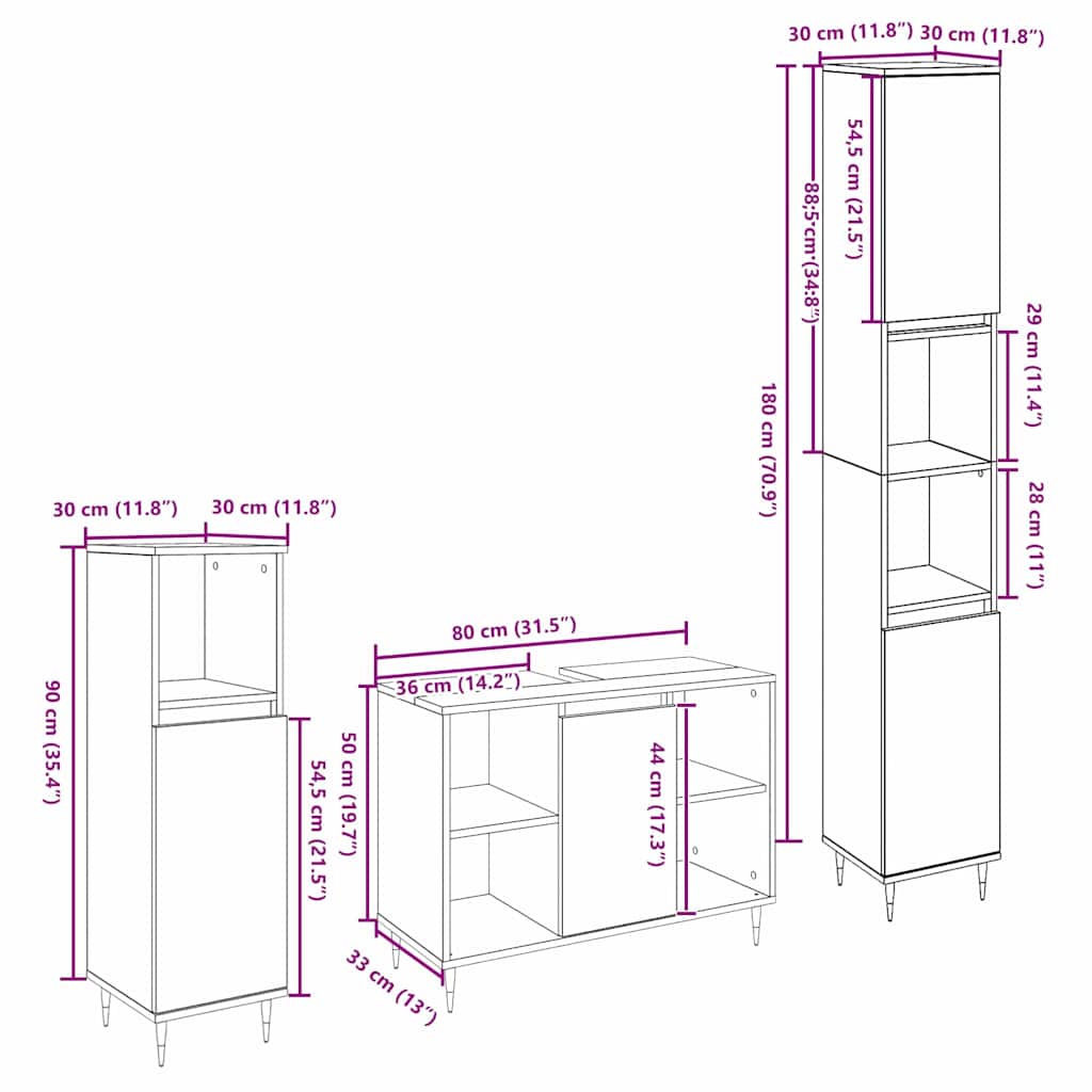 Badezimmermöbel Set 3 pcs Schwarze Eiche 30 x 30 x 180 cm