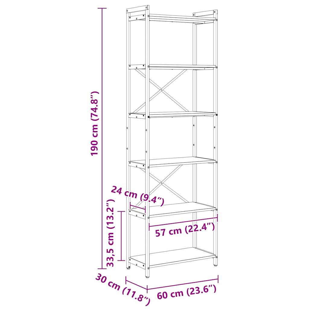 Bücherregal Eiche handwerklich 60 x 30 x 188 cm Holzwerkstoff