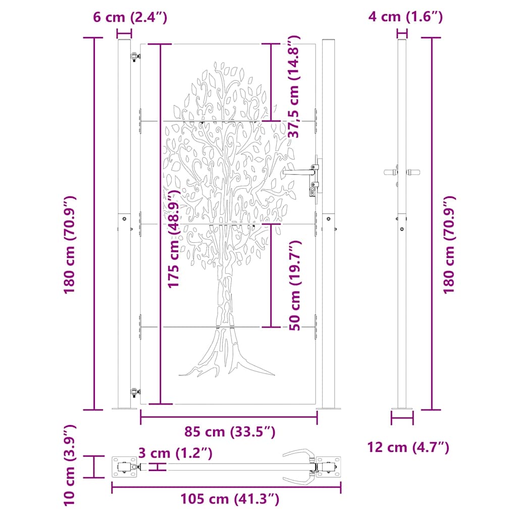 Gartentor, Gartentor 105x75 cm Cortenstahl Baumdesign Schwarz