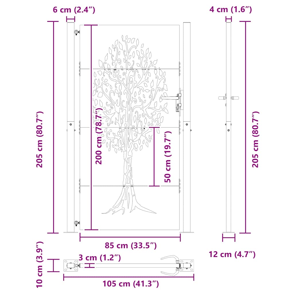 Gartentor, Gartentor 105x75 cm Cortenstahl Baumdesign Schwarz