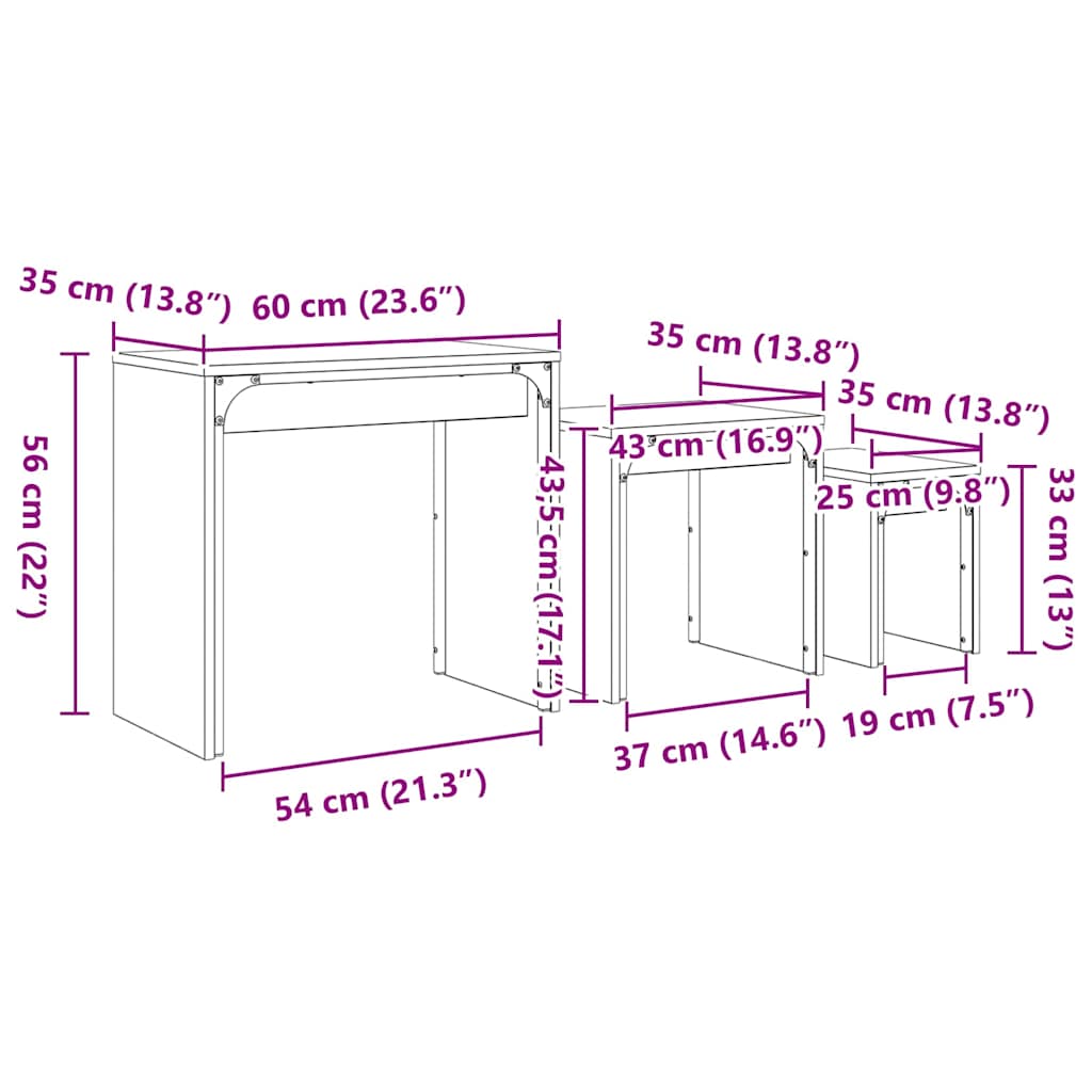 Nesting Couchtisch 3 pcs Schwarze Eiche 60 x 35 x 56 cm