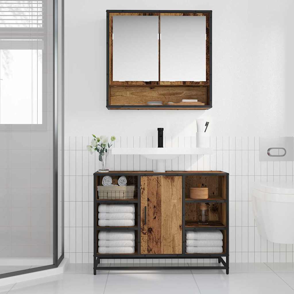 Badezimmer Waschbecken Schrank mit Tür Altholz 80 x 33 x 60 cm