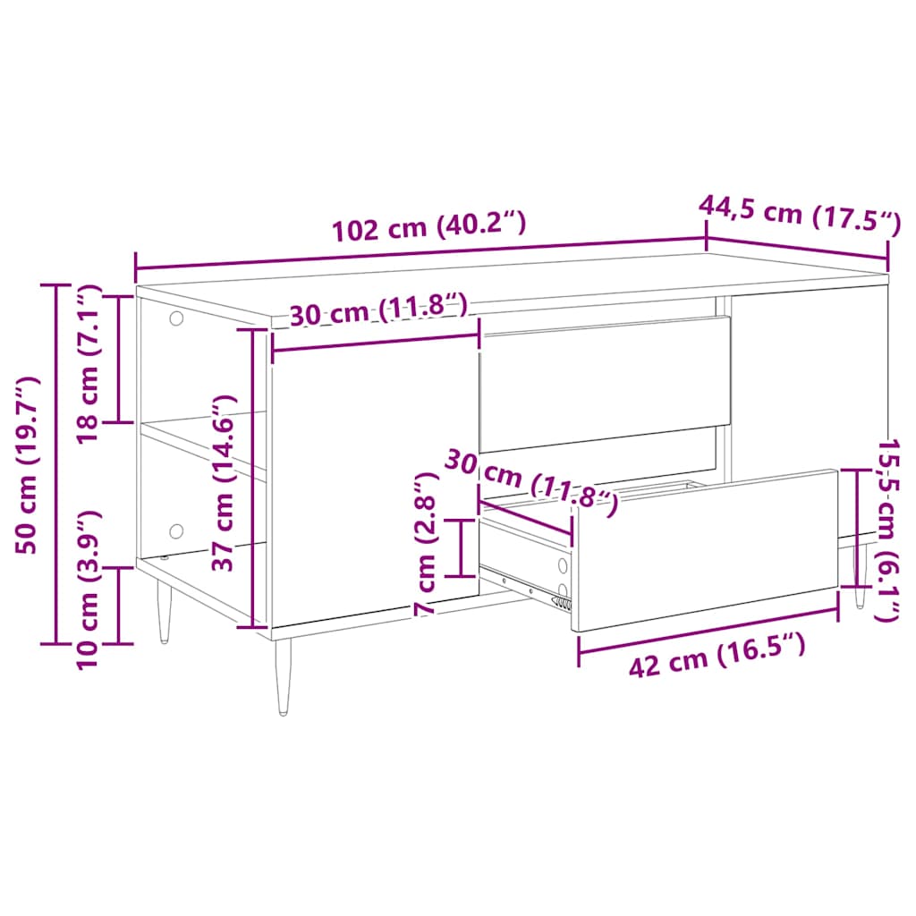 Couchtisch Schwarze Eiche 102 x 44,5 x 50 cm Holzwerkstoff