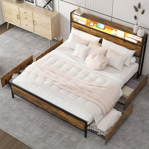 Metal Bed Frame With Slatted Frame And Storage Function