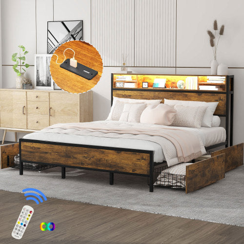 Metal Bed Frame With Slatted Frame And Storage Function